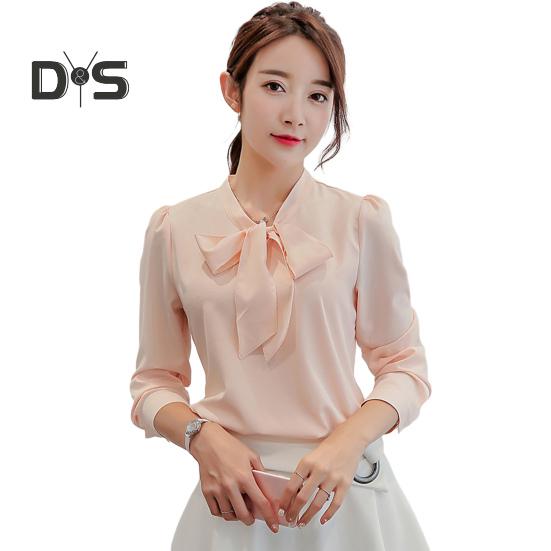 

Весна-лето Женская рубашка с бантом и шнуровкой на воротнике, топы с длинным рукавом, однотонная повседневная шифоновая блузка, рабочая одежда M розовый