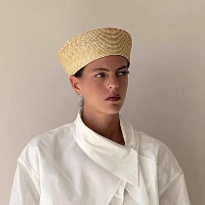 Women's New 100% Natural Straw Beret  Men's Summer French Sun Hat Circle Flattop Top Straw Hat Church Derby Party  Pillbox Hat