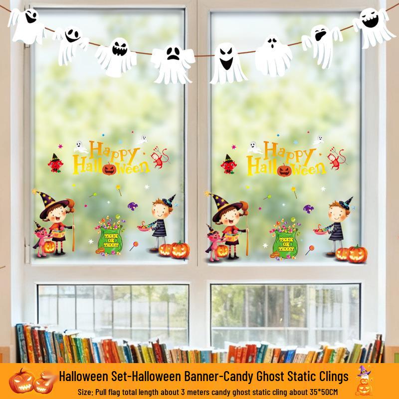 Kürbis Fenstersticker & Atmosphären-Flaggen - Halloween Glasaufkleber für Kindergarten & Geschäfte
