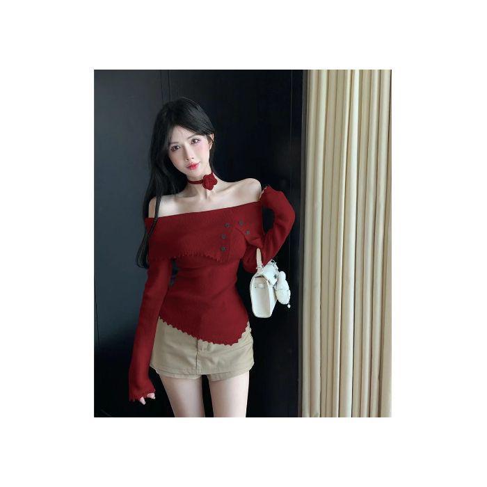 

Вязаный свитер с открытыми плечами и цветочным ремешком на шее - Осень/Зима Прилегающий базовый слой One Size красный