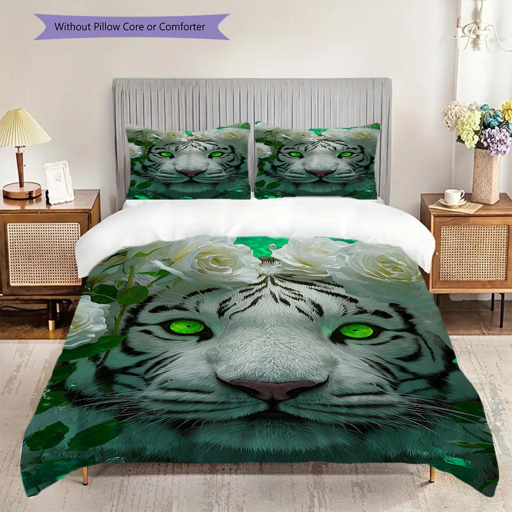 White Tiger Pattern Bedding Quilt Set Quilt Cover Pillowcase Home Decoration Birthday Gift (1 * Duvet Cover + 2 * Pillowcase, Without Core)