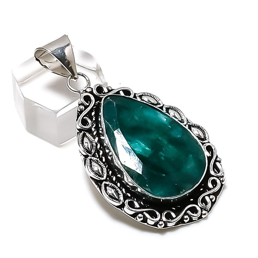 Natural Emerald(Simulated) Gemstone 925 Sterling Silver Pendant 2.13" ETC-14190