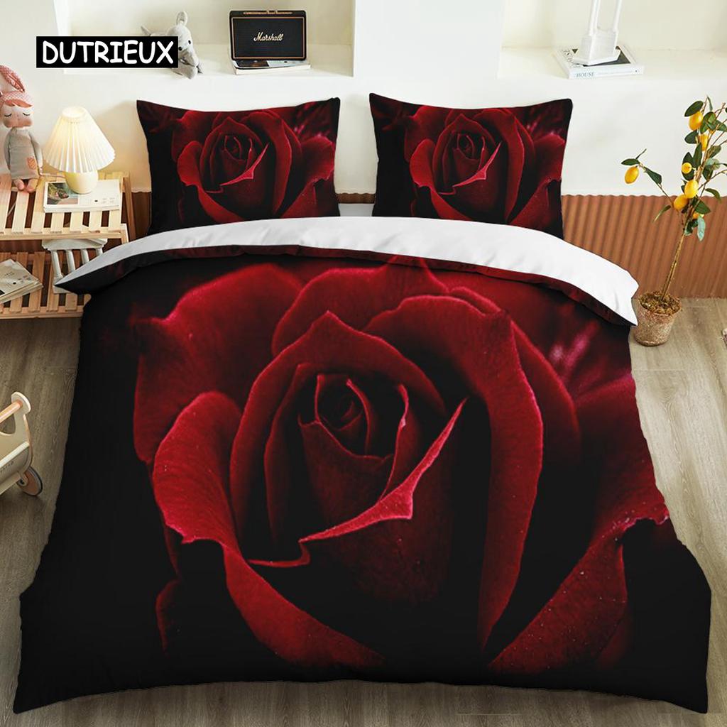 Red Rose Duvet Cover Set Full Size Microfiber Red Flower Quilt Cover for Valentine's Day Mother's Day Wedding Soft Bedding Set