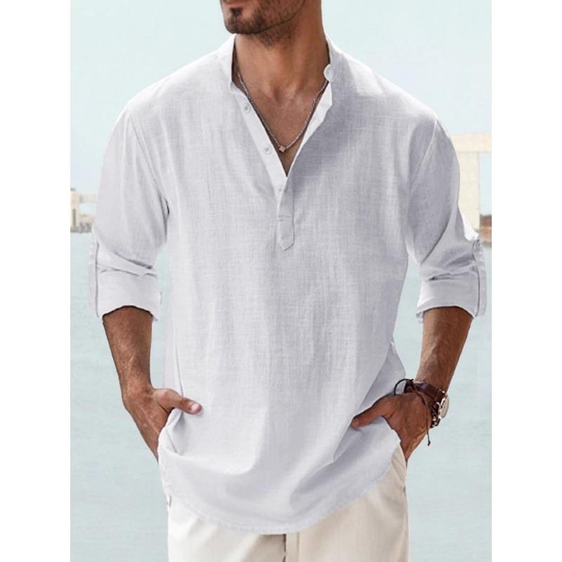 

Men s Linen Henley Shirt Stand Collar Roll-Up 3/4 Sleeve Casual M білий