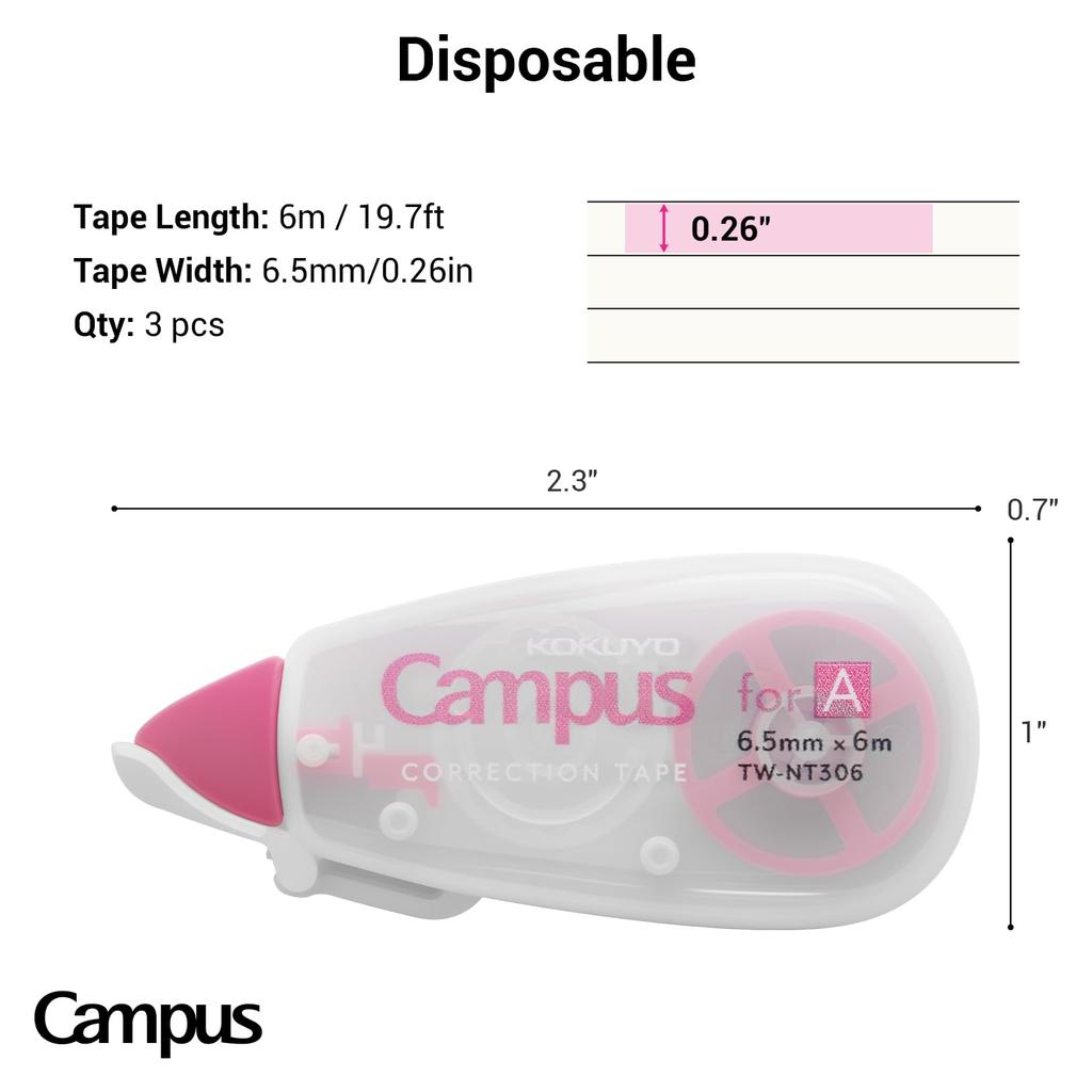 Kokuyo Campus Correction Tape Pack of 3 A-ruled Notebooks Disposables 6.5mm x 6m Pink