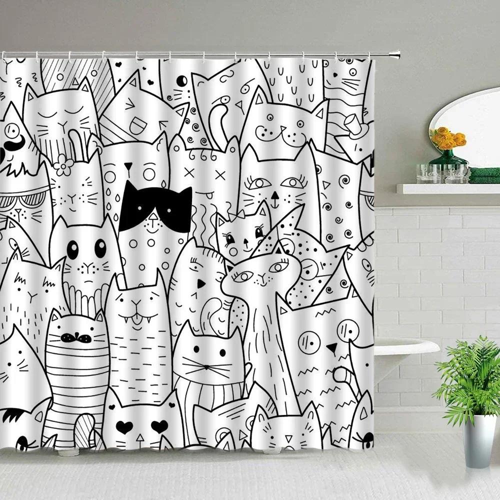 Funny Little Cat Dog Bathing Shower Curtain Cartoon Animals Printed Bathroom Curtain Set Waterproof Polyester Fabric Bath Screen