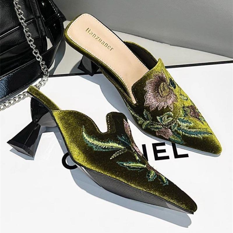 Baotou half slippers women's outer wear spring and summer embroidery pointed head thick heel cool slippers high heel sandals stiletto single shoes