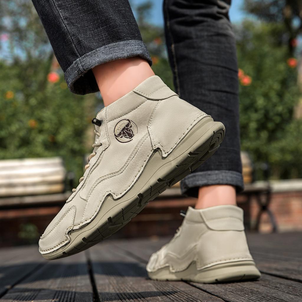 Men's Shoes Split Leather Shoes Lace Up Outdoor Casual Shoes Comfortable Flat Shoes Fashion Sneakers