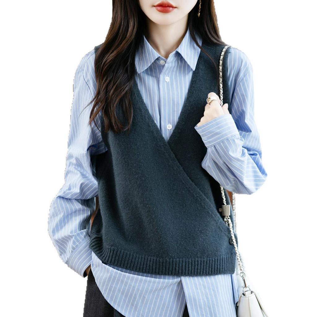 Women's V-neck 100% Pure Wool Sweater Vest - Loose Knit Solid Color Cashmere Pullover/Cardigan for Autumn & Winter.