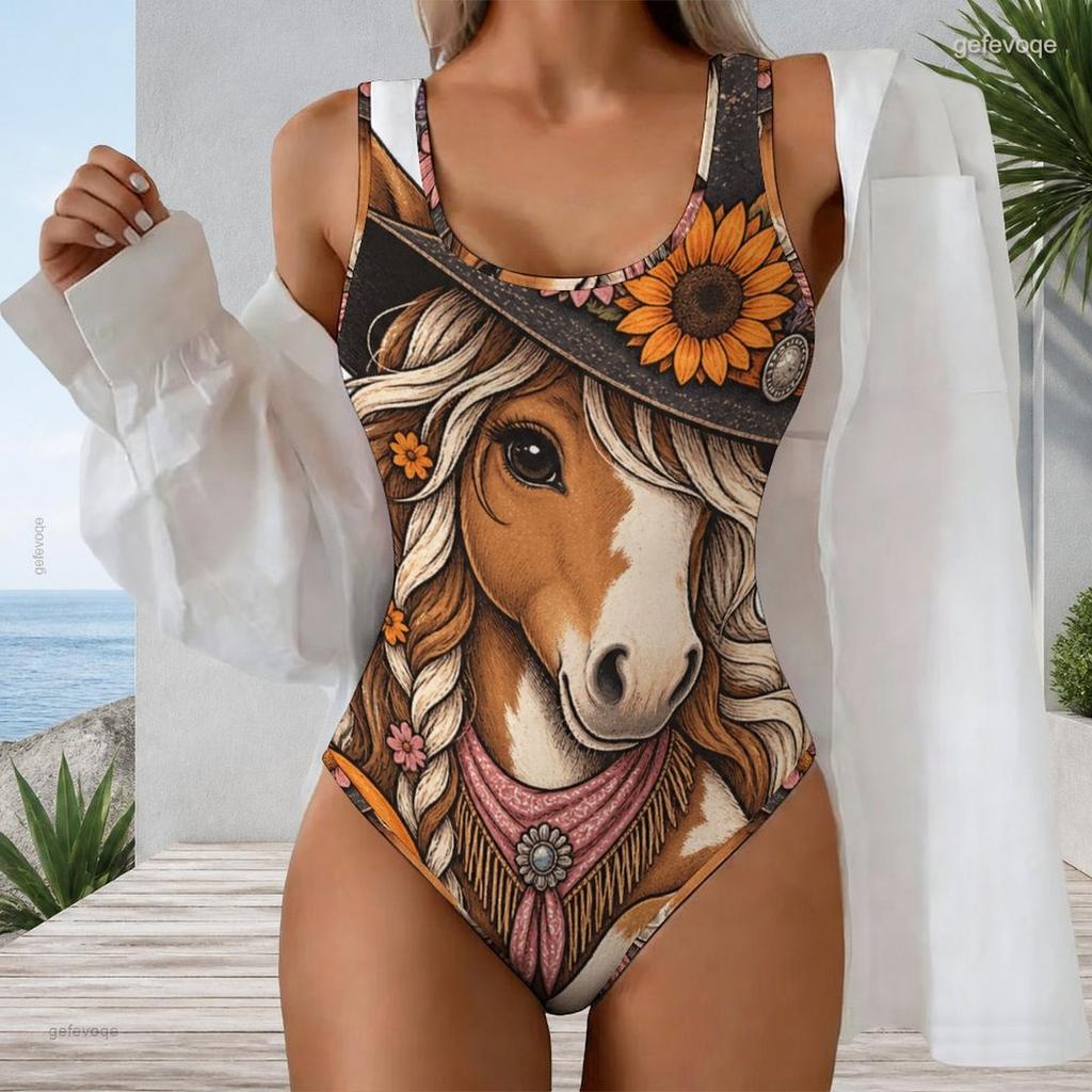 Women Plus Size Sleeveless U Neck Halloween Ghost Pumpkin Print One Piece Swimsuit