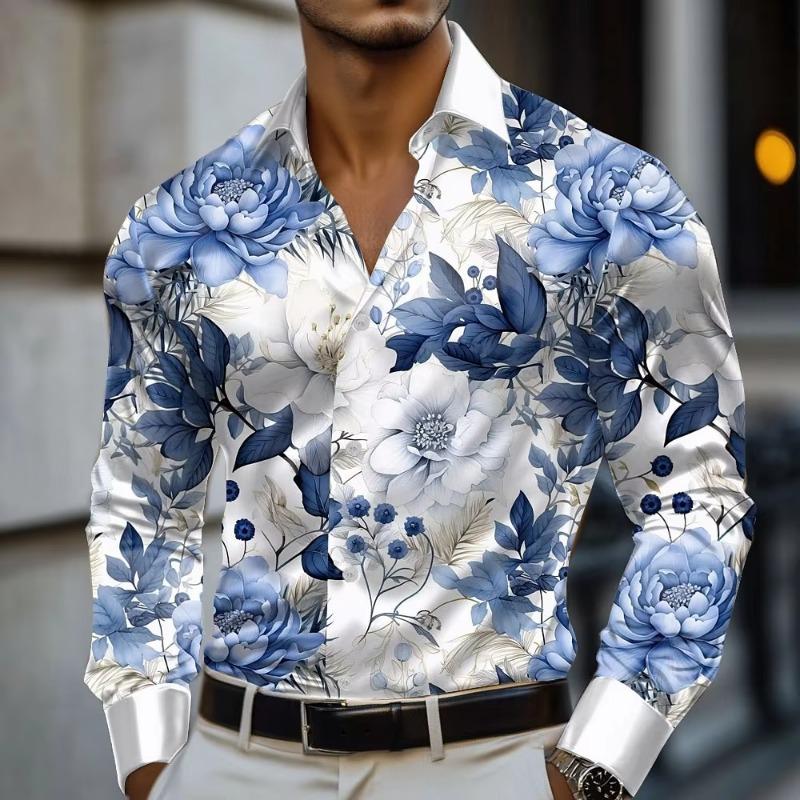 Camicia da uomo a righe con stampa floreale, manica lunga, moda casual, vacanza, primavera, autunno, colletto a risvolto, stampa 3D, bottoni