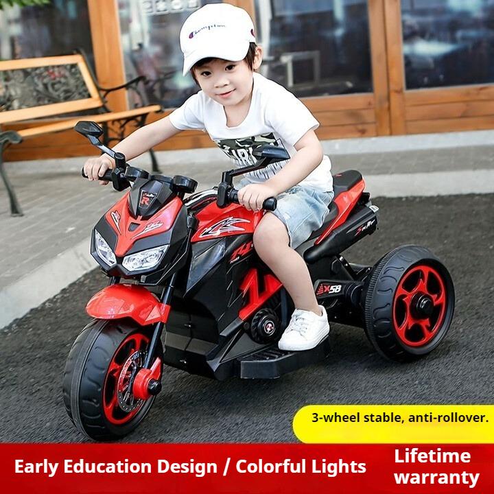 Children's electric motorcycle 1-10 years old boys and girls charging toy battery car baby three-wheeled stroller can seat people