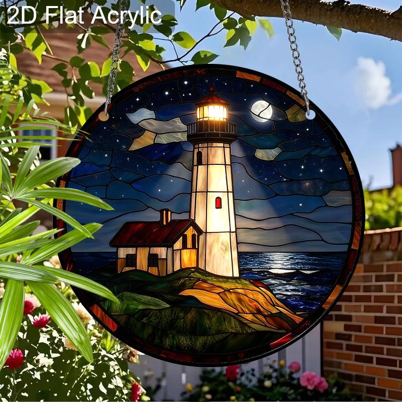 Acryl-Nachtleuchtturm am Meer Sonnenschutz, Fensterbehang im Buntglasstil für Liebhaber von Nautik und Ozean