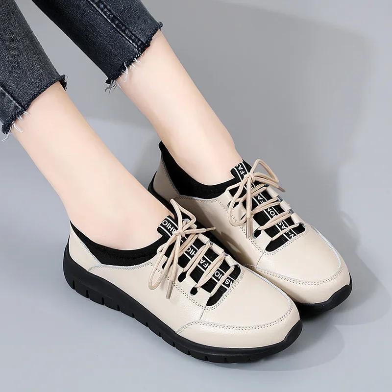 2025Women Shoes Platform Loafers Lace Up Leather Flats Trend Spring Casual Mom Shoe Mujer Zapatos Chaussure Femme