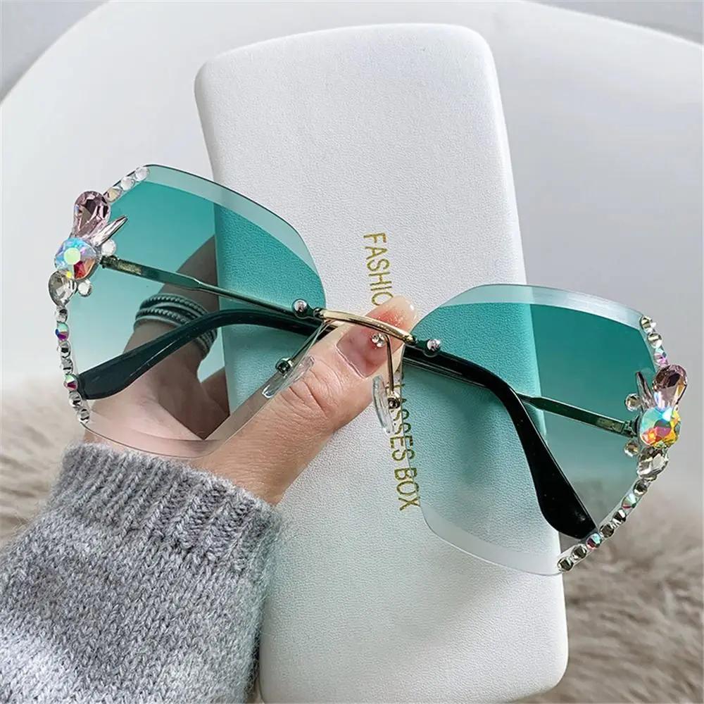 Uv Protection Rimless Rhinestone Sunglasses Beach/Travel/Streetwear Shiny Cutting Lens Sun Glasses Frameless Eyewear For Women