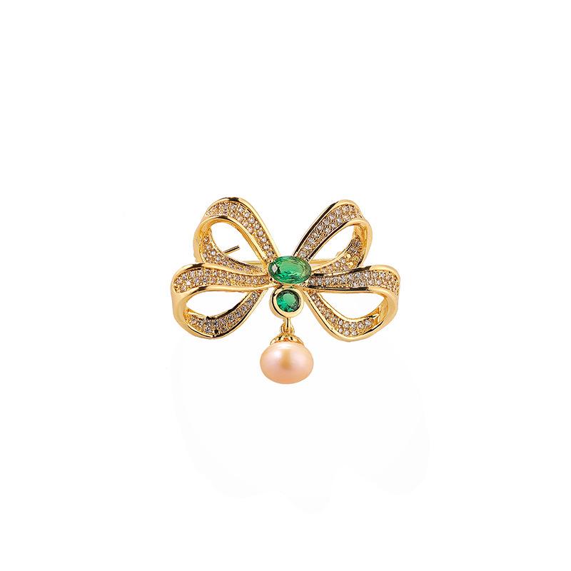 Korean Style Freshwater Pearl  Zircon Bow Brooch Fashion Pin Corsage Accessories