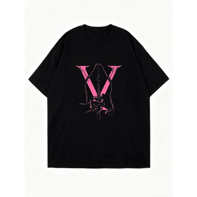 Oversized T Shirt Black Pink V Letter And Hand Graphic Print Casual Streetwear Fashion Top For Women