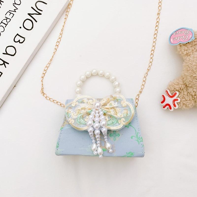 Lovely Geometric Patterned Shoulder Bag For Kids Featuring Chic Tassels And Elegant Pearls