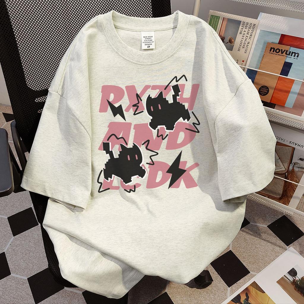 Teenager Summer Casual Short Sleeve Loose Black Cat Letter Printed Pullover Oversize Cotton T Shirt Top
