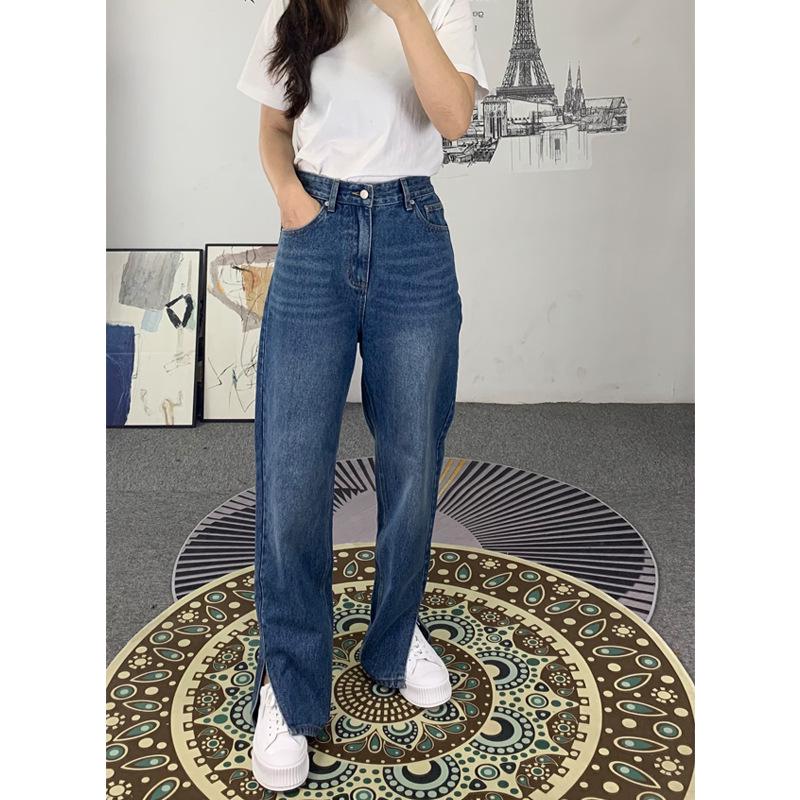 Hong Kong Style Retro High Waist Wide Leg Jeans with Side Slit for Women Medium
