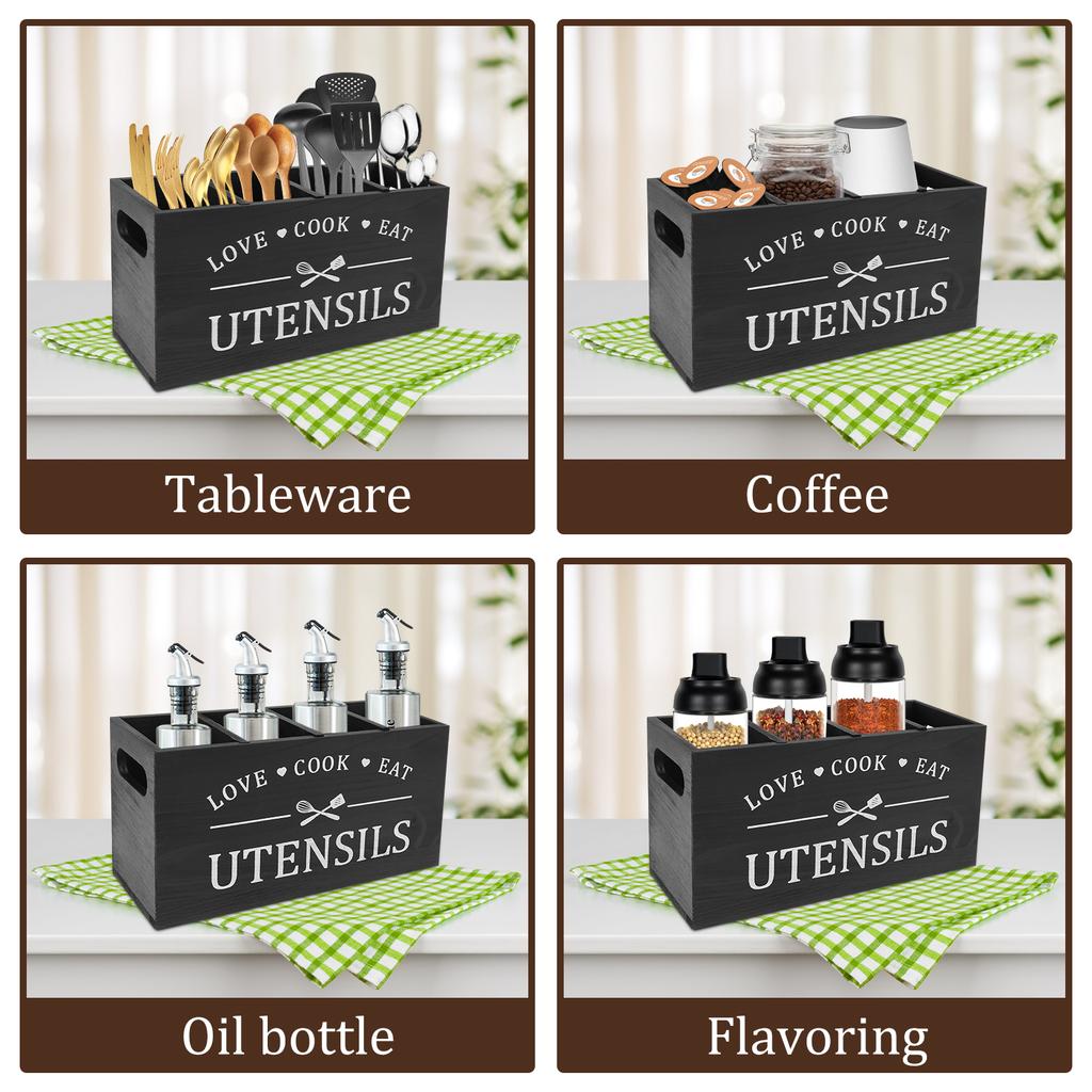 Rustic Wooden Utensil Holder 4 Compartments Kitchen Tableware Stand With Drainage Holes Countertop Flatware Organizer