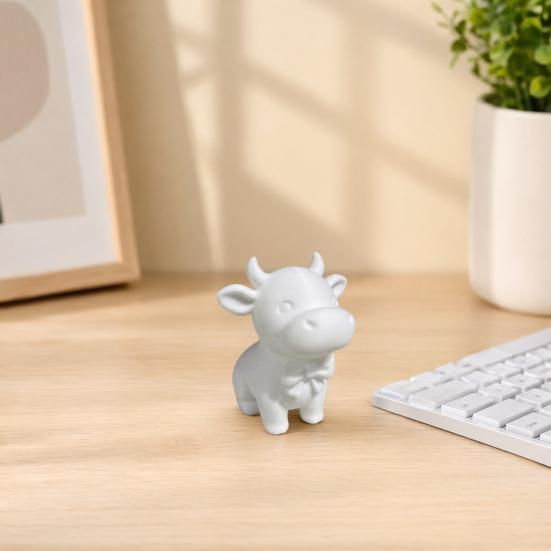 Yousheng 3D Printed Cow Figurine with Bow Tie, Cute Calf Statue, Minimalist Animal Model, Smiling Cow Ornament for Home Office Decor Gift
