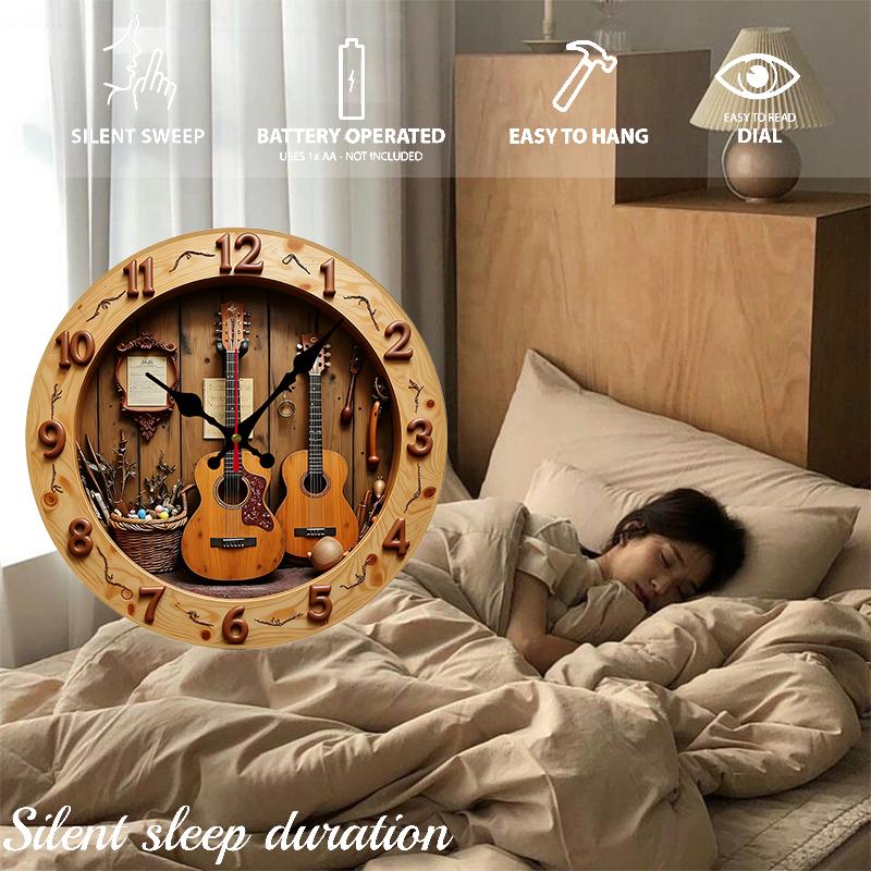 2D Flat Guitar & Music Wooden Round Silent Hanging Wall Clock, For Living Room, Office, Study Room, Bedroom, Home Decoration.