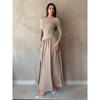 Women's Round Neck Long Sleeve Maxi Dress Loose High Waist Elegant Solid Ruched A Line Dress