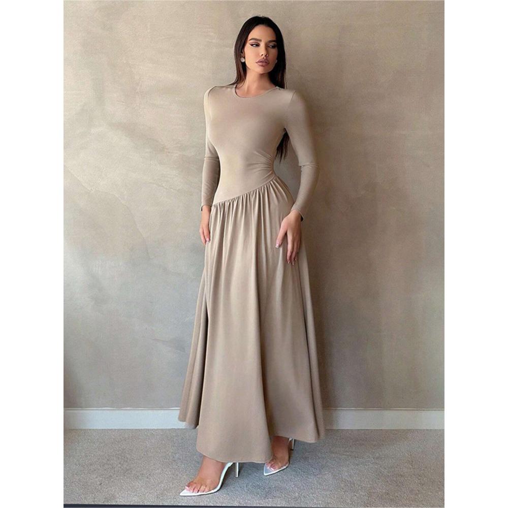 Women's Round Neck Long Sleeve Maxi Dress Loose High Waist Elegant Solid Ruched A Line Dress