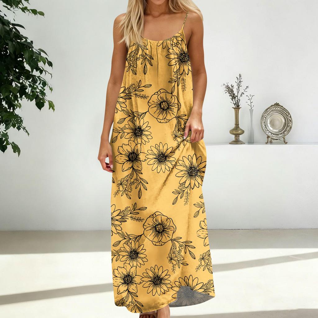 Damenmode Rückenfreies Spaghettiträger Lässiges Lockeres Blumenprint Kleid