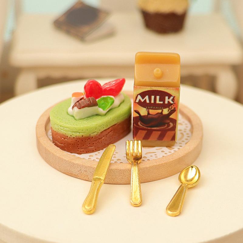 

1Set 1:12 Dollhouse Miniature Cake Milk Fork Tray Food Model Kitchen Decor Toy For Doll House Accessories Kids Gift