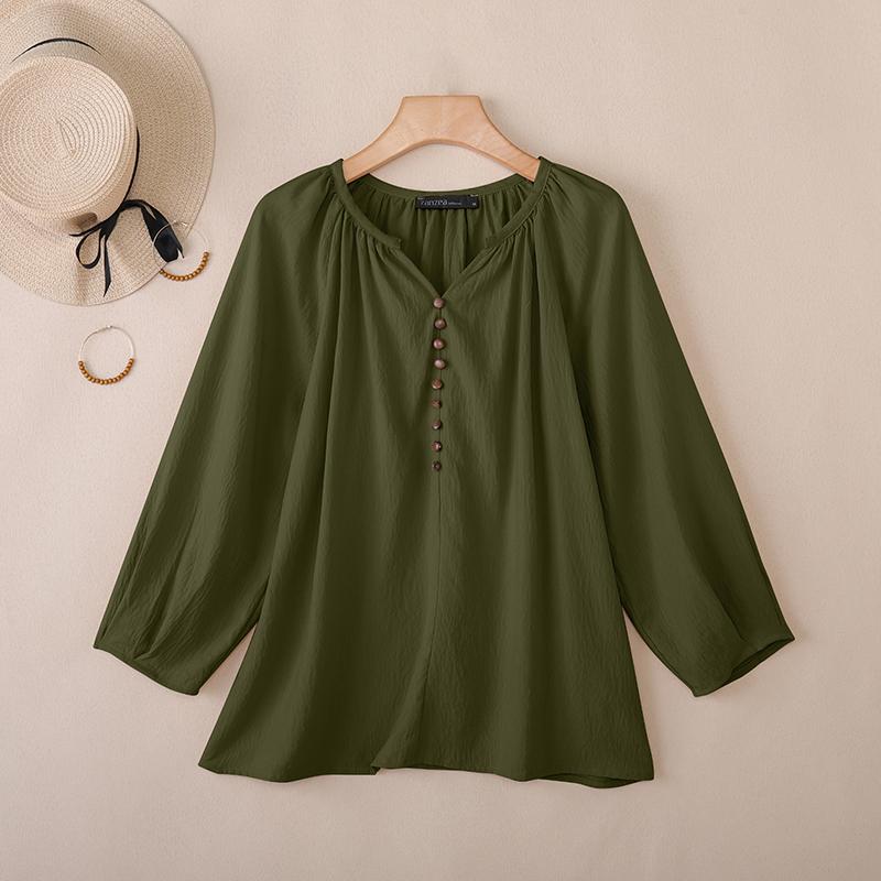 ZANZEA Women Casual V-Neck Solid Color Loose 3/4 Sleeve Blouse