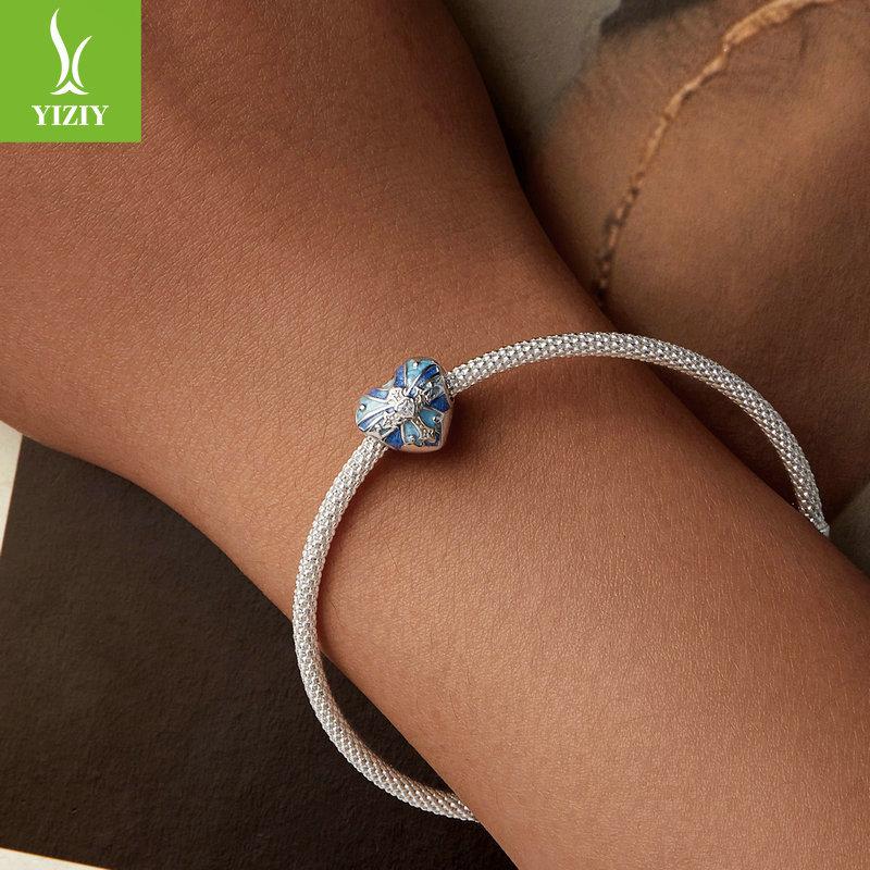 Blue Love Cross Diy Bracelet Beaded, Retro Style S925 Silver Beads Loose Beads