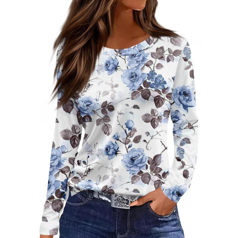 Women's Casual T-shirt 3D Floral Print Round Neck Retro Elegant Long Sleeves Women's Fashion Pullover Long Sleeve T-shirt Top