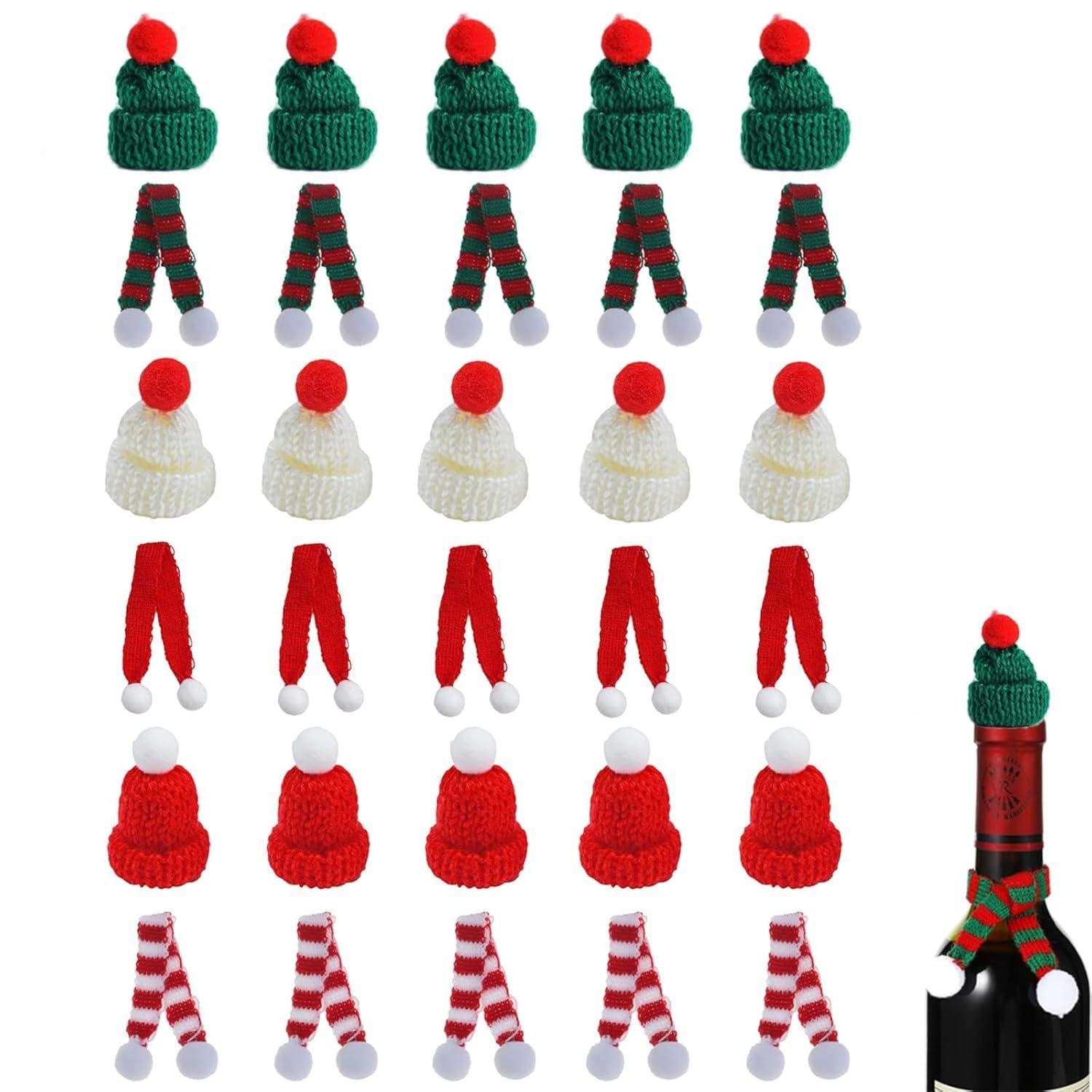 

30 PCS Small Santa Hat for Crafts, Christmas Mini Knit Hat and Scarf Set, Tree Ornaments, Bottle Cap Decoration
