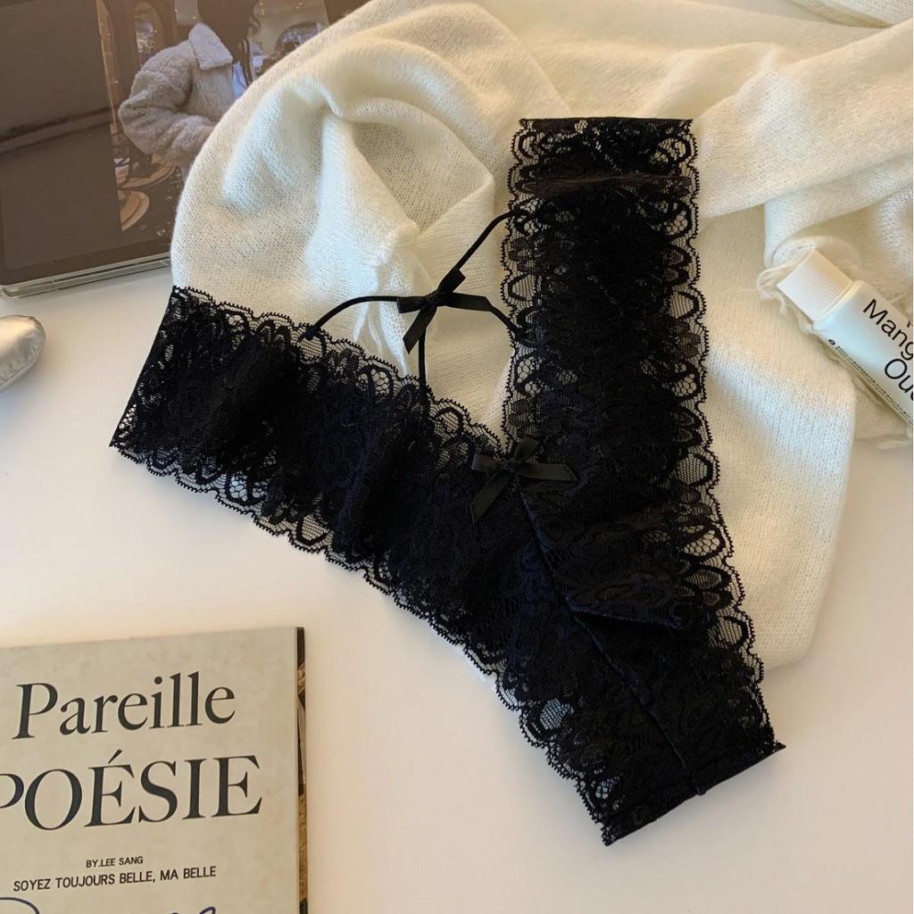 Women's Sexy Ultra-Thin Jacquard Lace Panties with Bowknot and Criss-Cross Straps - Mid-Waist Triangle Briefs