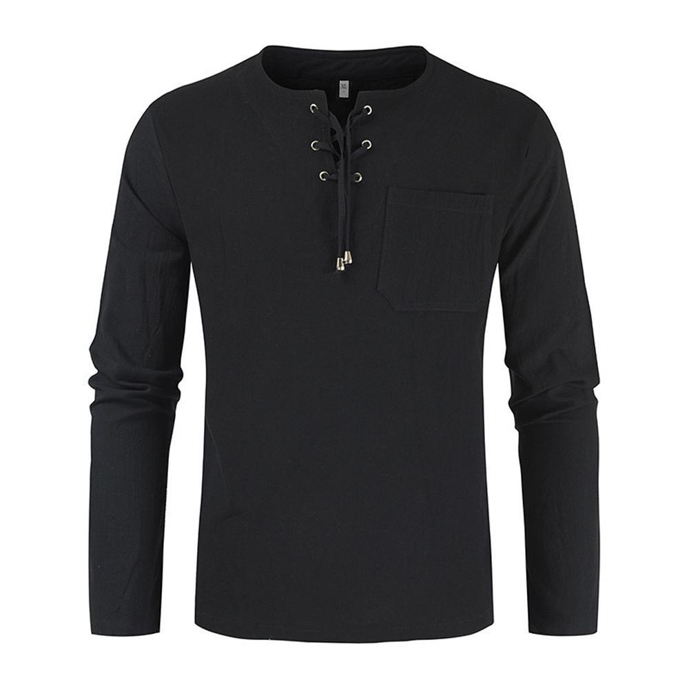 Mens Long Sleeve Cotton Linen Blouse Loose Henley V-Neck Tops T Shirts Blouse