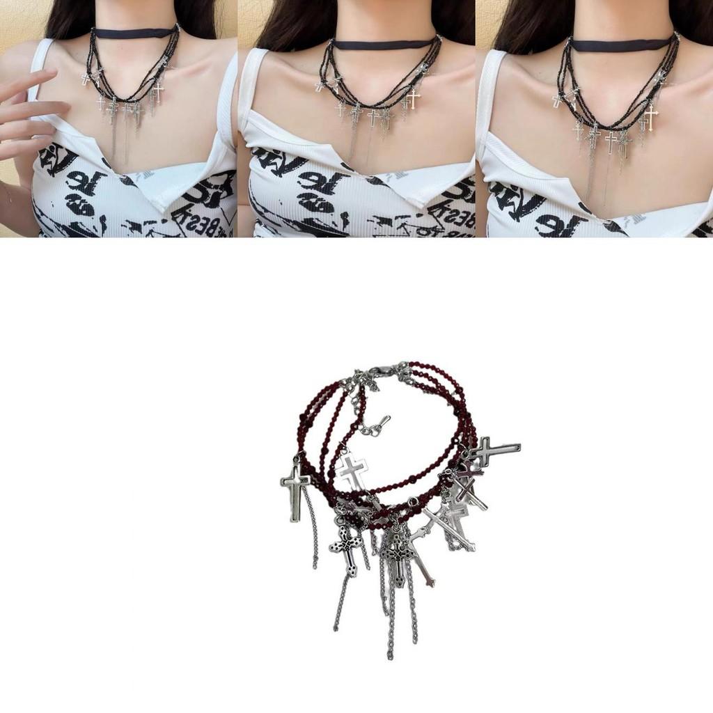 Gothic Cross Layered Necklace Trendy Tassel Choker For Summer Gift Alloy Plated