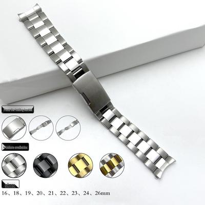 Medium Polish Stainless Steel Diving Watch Strap with Side-Press Folding Clasp, Curved Interface, and Three-Bead Design (16-26mm).
