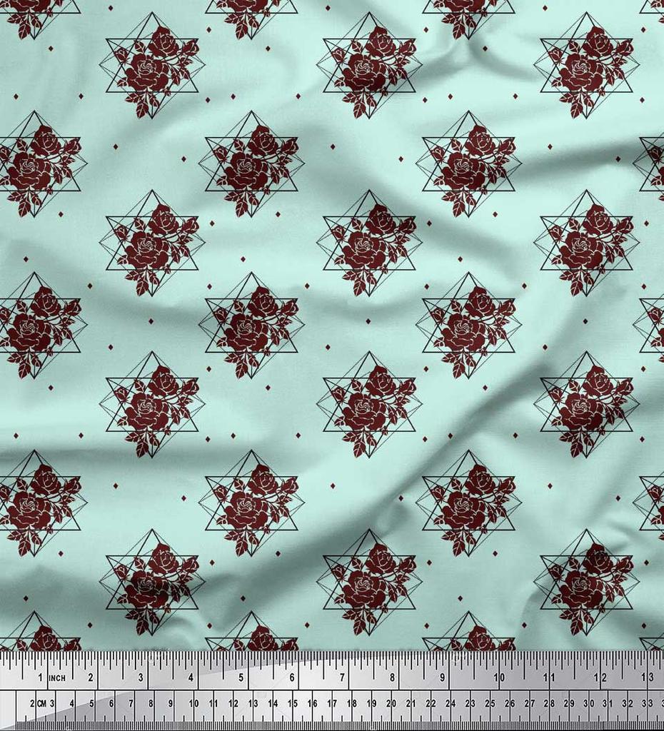 Soimoi Green Poly Crepe Fabric Geometric & Rose Floral Printed Fabric 1 Yard 42 Inch