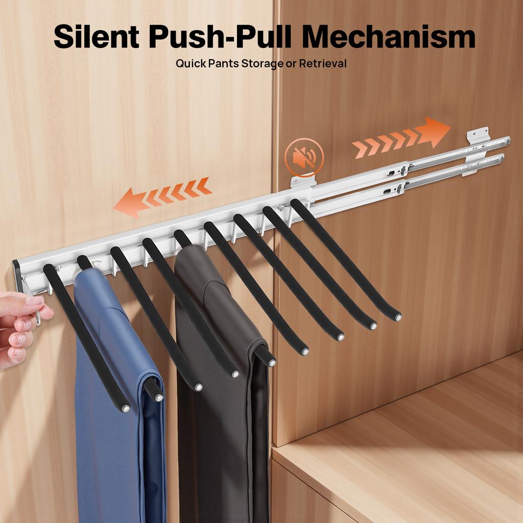 Pull out Pants Rack 9-Rod Left Mounted, Wardrobe Trousers Rack Jeans Scarf Hanger for Cabinet, Closet Organizer(18.11x12.8in)