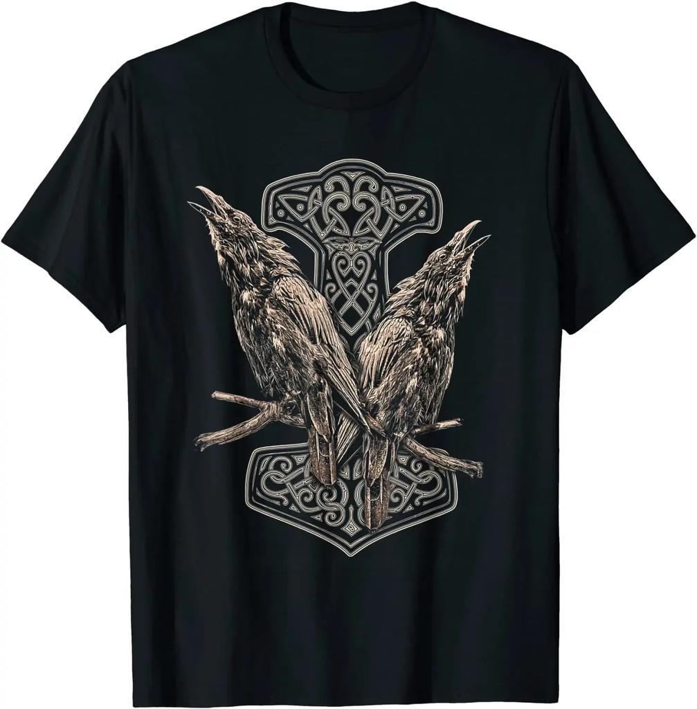 Norse Myth Thor Hammer Mjolnir Raven Huginn and Munnin TShirt 100 Cotton ONeck Short Sleeve Summer Casual Mens Tshirt