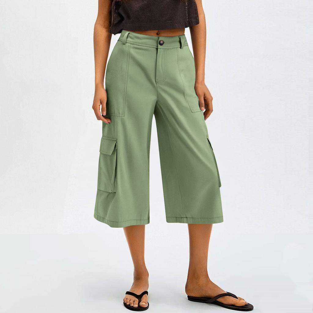 Women's Wide Leg Pants With PocketsHigh Waisted Caual Loose Cropped Trousers