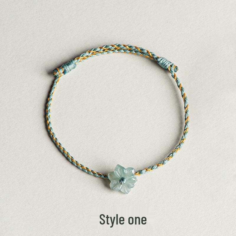 Pulseira Unissex de Jade Azul A-Grade Tecida à Mão com Orquídea