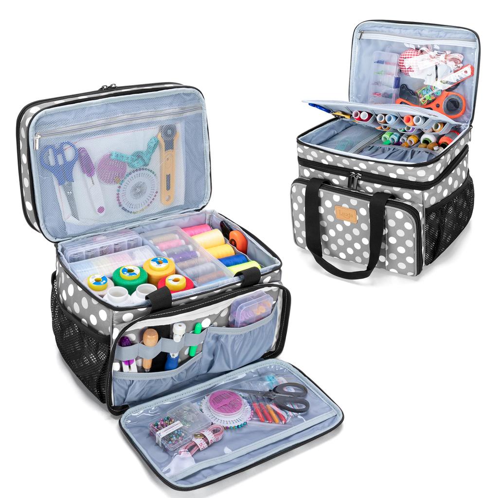 Luxja Sewing Large Capacity Sewing Bag with Storage and Multiple Pockets for Sewing Storage and Bag Gray Dot Box, Two-Tier Tools, Transport, Only,