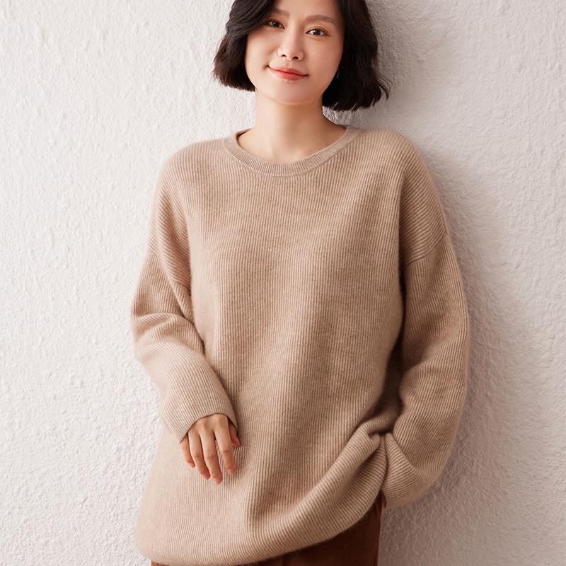 Women's Cashmere Round Neck Loose Sweater - Thick Knit Pullover for Autumn/Winter