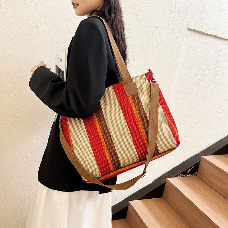 Canvas Bag Striped Tote Bag New Women's Bag Sweet Contrasting Color Handbag Crossbody Bag Large Capacity