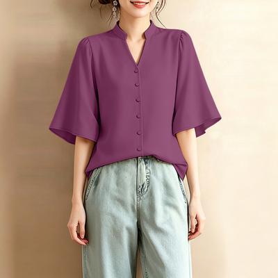 Women Casual V-Neck Solid Color Loose Half Sleeve Blouse