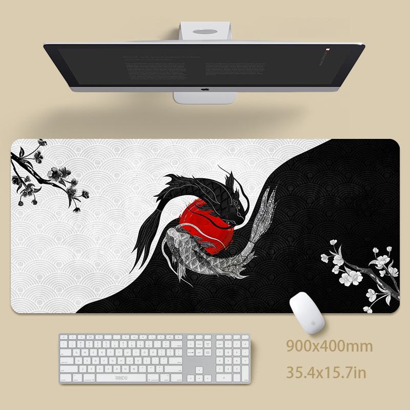 Yin Yang Koi Fish Mouse Pad - Large Extended Gaming Desk Mat with Japanese Art Design