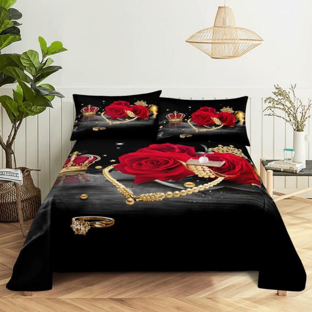 Pink Rose Bed Sheet Sets 3D Print Flowers Bed Flat Sheet for Women Girls King Queen Full Twin Size 2/3pcs Bed Linen Room Decor